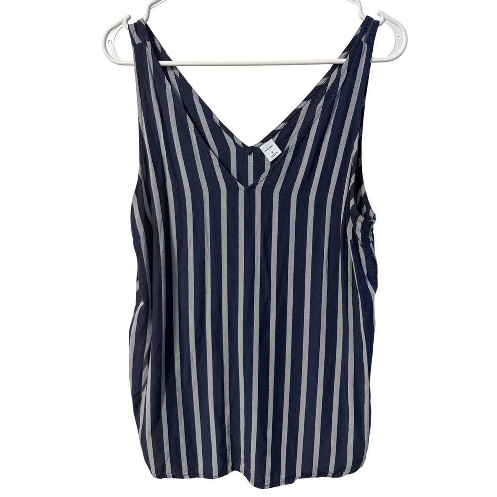 Old Navy Striped Tank Top Women Medium Navy Blue V-Neck